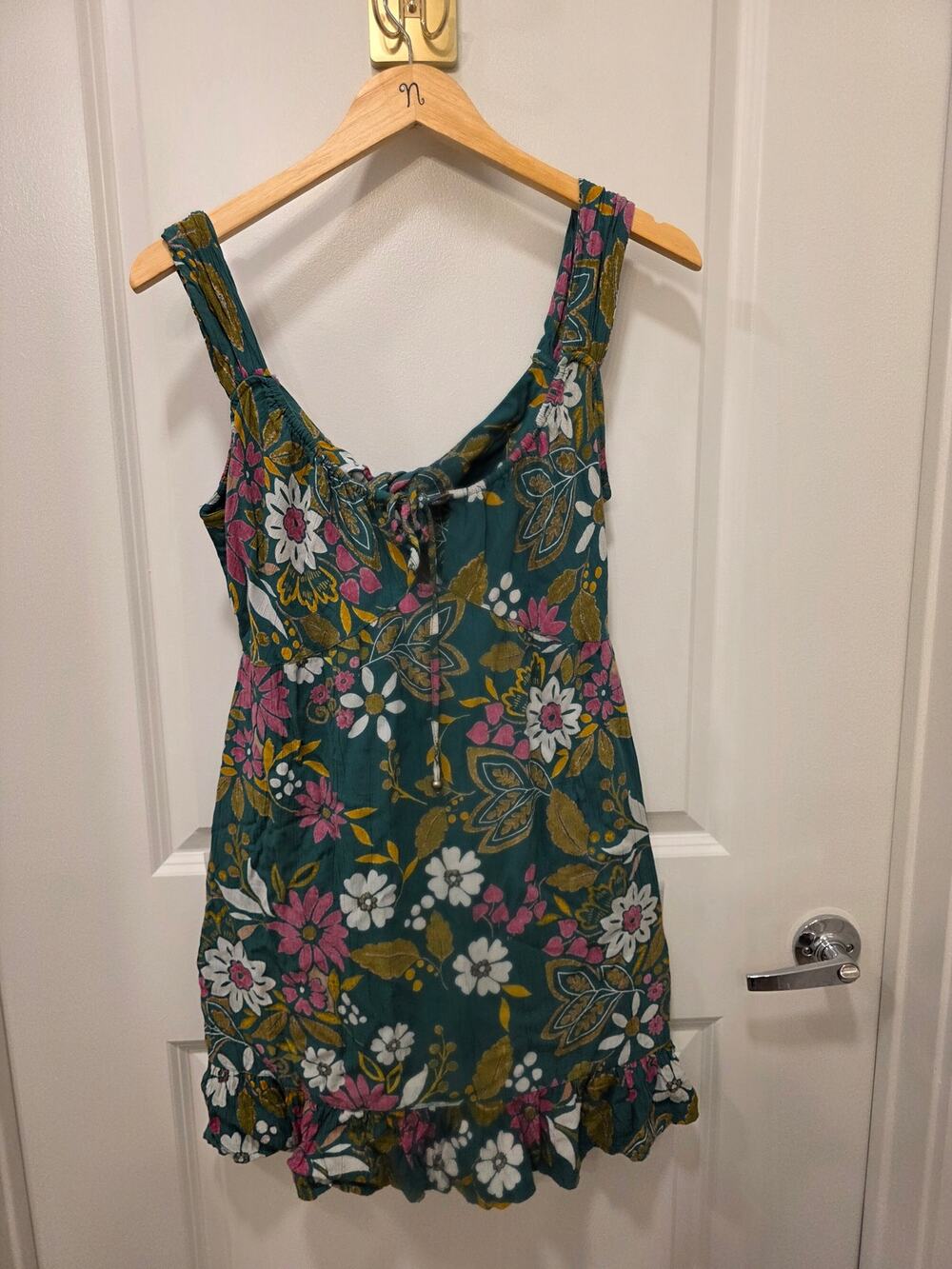 Angie Tropical Green Floral Boho Mini Dress